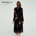 High end velvet printed floral long sleeve evening dress